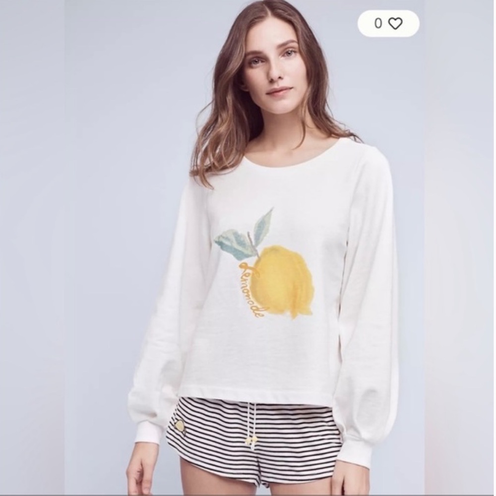 Anthropologie White Puff Sleeve Pullover Lemon Lemonade Euro Crewneck Size Small